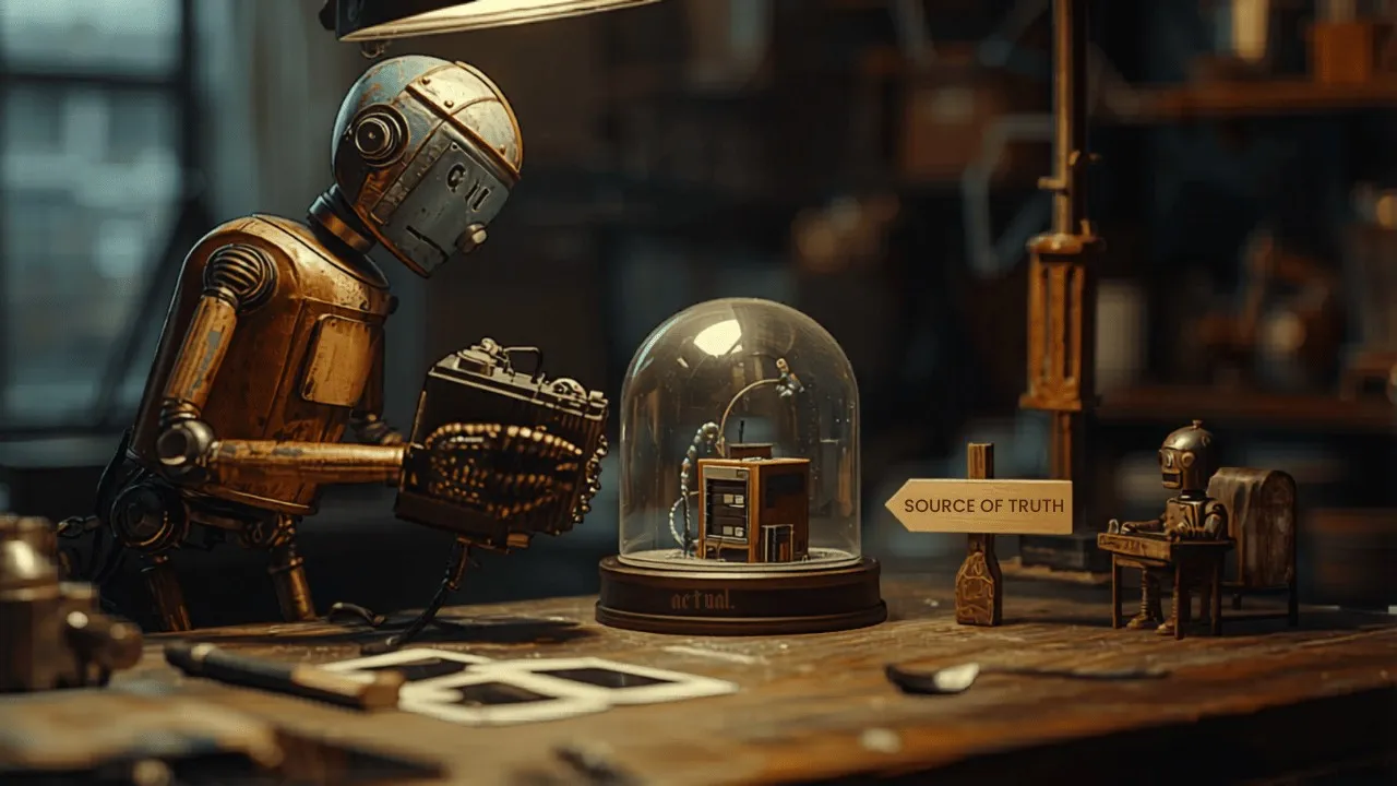 A brass tin robot at a workbench photographing a glass dome, inside it a miniature version of the same workbench, beside a signpost reading Source of Truth